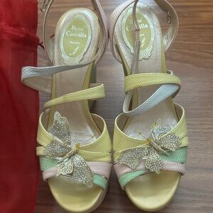Rene Caovilla Yellow and Pink Strappy platform butterfly
